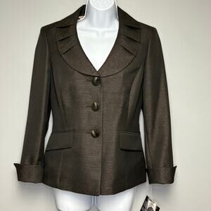 NWT Le Suit Brown Shimmer Pleated Collar Jackie O Old Money Blazer Womens Sz 6
